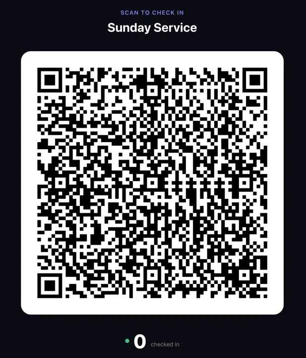 The check-in code on screen for Sunday Service